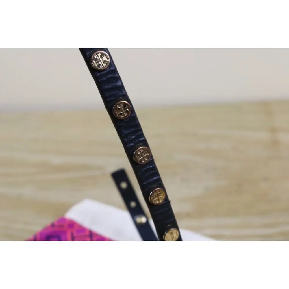 Tory Burch Black Leather Double Wrap Bracelet Gold Logo Studs Jewelry